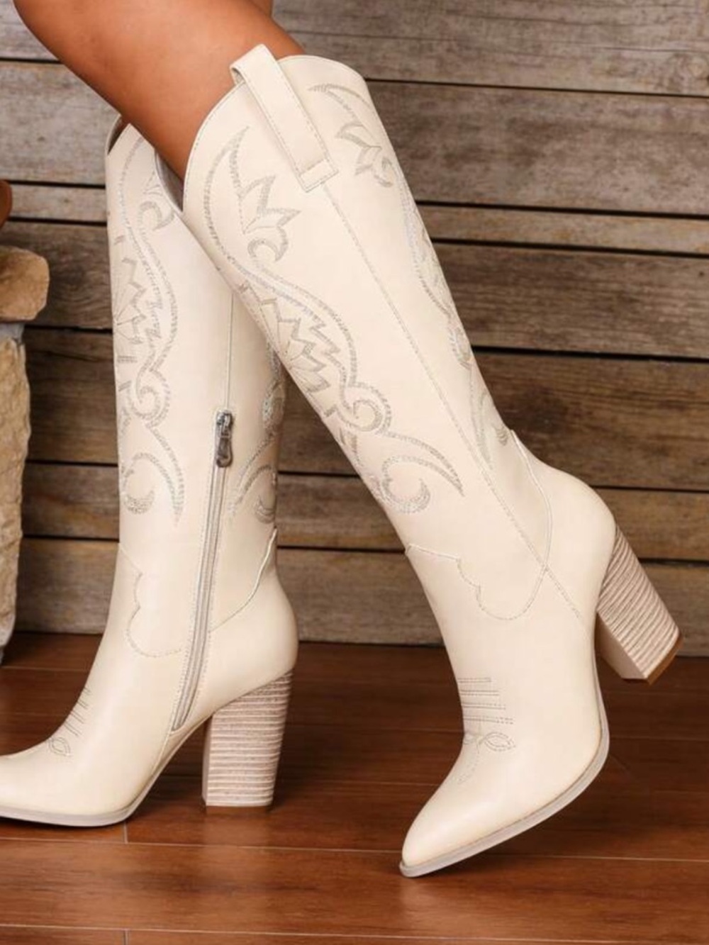 Women's Cream Western-Style High Heel Boot